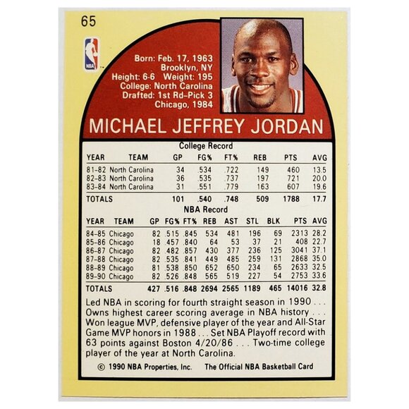 MICHAEL JORDAN 1990 NBA HOOPS BASKETBALL #65, HOF CHICAGO BULLS "GOAT" - Picture 2 of 3